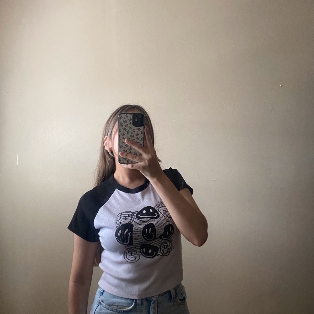 Black &White Smiley Face Graphic Shirt